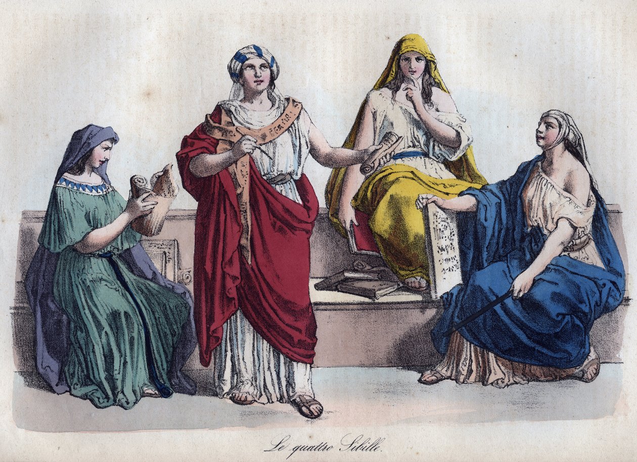 Cztery sybille rzymskie - Cztery sybille rzymskie - grawer z „” Zwyczajów i tradycji wszystkich narodów wszechświata. Czyli Historia rządu, praw, milicji, religii wszystkich narodów od czasów najdalszych do dnia dzisiejszego „1856 autorstwa Unknown artist