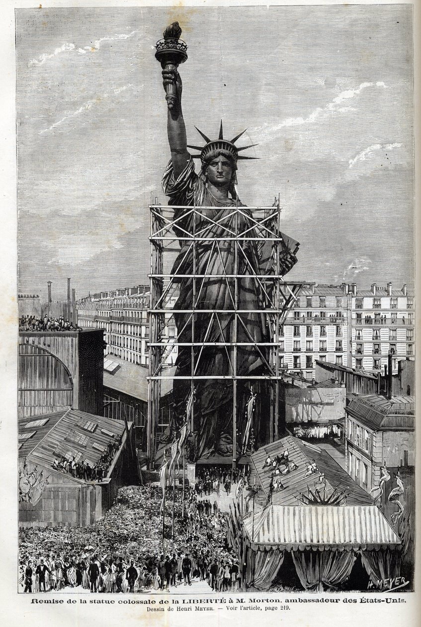 Francja, Paryż, Przekazanie Statuy Wolności ambasadorowi Stanów Zjednoczonych - Zapakowanie posągu Liberte wykonanego przez Frederica Auguste Bartholdiego (1834-1904) w rusztowanie, aby przetransportować go z Paryża do Ameryki autorstwa Unknown artist