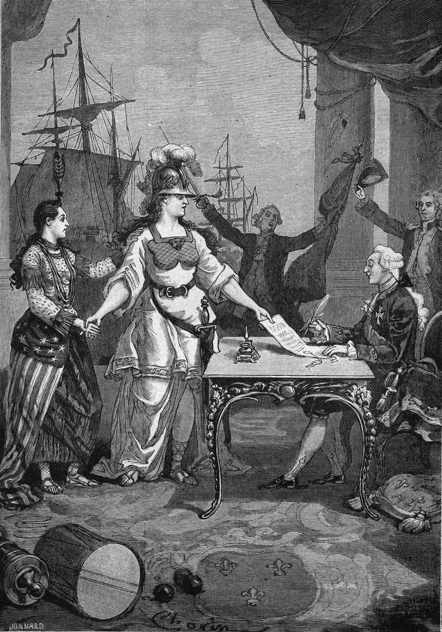 Sprzymierzona Francja - Król (Ludwik XVI) musiał tylko podpisać: 6 lutego 1778 r. podpisano traktat o przyjaźni i handlu między Francją a zbuntowaną kolonią Ameryki Północnej, który zobowiązał Francję do zagwarantowania niepodległości Stanów Zjednoczonych  autorstwa Unknown artist