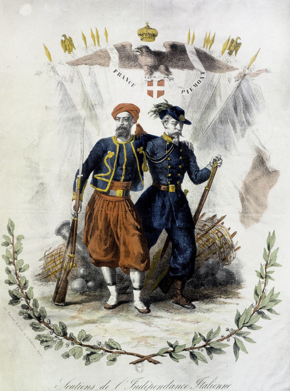 Francja i Piemont, zwolennicy niepodległości Włoch - cul. rytownictwo autorstwa Unknown artist