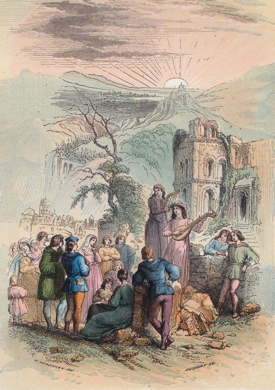 Francja w średniowieczu: Znajdź ciekawych ludzi do wzięcia udziału w krucjacie. Rycina z 1868 r. w „Histoire de Belgique od czasów pierwotnych do końca panowania Leopolda I”” autorstwa Theodore’a Juste (1818-1888). Prywatna kolekcja. autorstwa Unknown artist