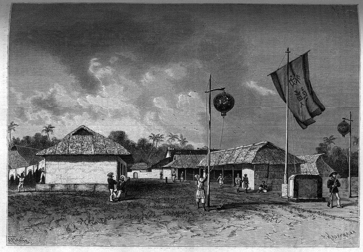Francja w Indochinach: francuska placówka wojskowa w cytadeli Hue, stolicy Indochin. Grawerowanie w „Le journal de la jeunesse”” autorstwa Unknown artist