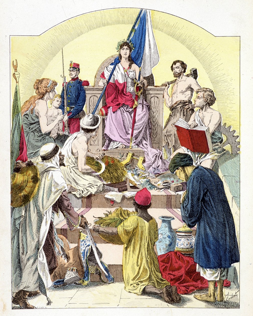 Francja pod rysami Marianny, otoczona przez swoje spersonifikowane kolonie – w „Histoire de France” E. Grobeta, ok. 1930 r. 1915 autorstwa Unknown artist