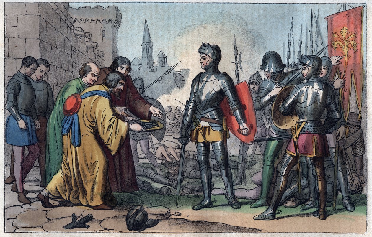Francesco Ferrucci (1489-1530) otrzymuje klucze miasta Volterra - grawerowanie z „Użycia i zwyczajów wszystkich narodów wszechświata”. To jest historia rządu, praw, milicji, religii wszystkich narodów z najodleglejszych czasów autorstwa Unknown artist