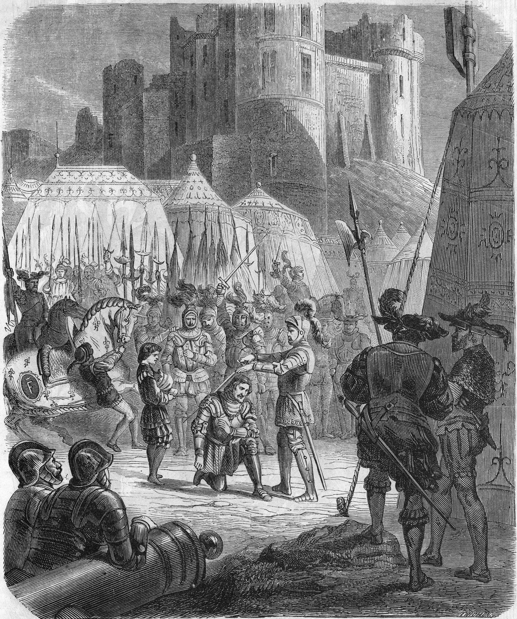 Franciszek I z Francji prosi o pasowanie na rycerza przez Kawalera Bayarda po zwycięstwie w bitwie pod Marignano we Włoszech autorstwa Unknown artist