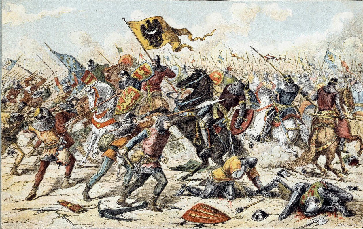 Wojna francusko-angielska (1202-1214): Bitwa pod Bouvines 27.07.1214 pomiędzy francuską armią Philippe Auguste a Flamandami i Welfami z Othona IV. Zwycięstwo francuskie było decydujące dla wyniku wojny. 19 wiek. Paryż, Musée de l