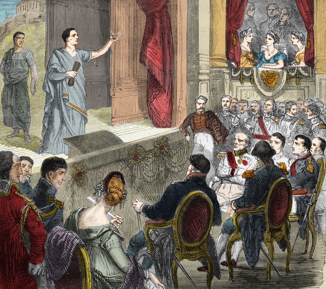 Francois-Joseph (Francois Joseph) Talma (1763 - 1826), francuski komik, grający „Śmierć Cezara”, tragedię w trzech aktach od Woltera do Erfurtu (erfurtu) przed parterem królów złożonym z Napoleona I i Aleksandra I, cara Rosja (1777-1825). Eng autorstwa Unknown artist