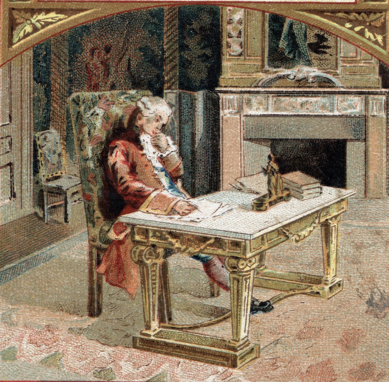 Francois-Marie (Francois Marie) Arouet de Voltaire dit Voltaire (1694-1778), lat 23 na zamku Sully-sur-Loire (Sully sur Loire). Chromolitografia z końca XIX wieku autorstwa Unknown artist