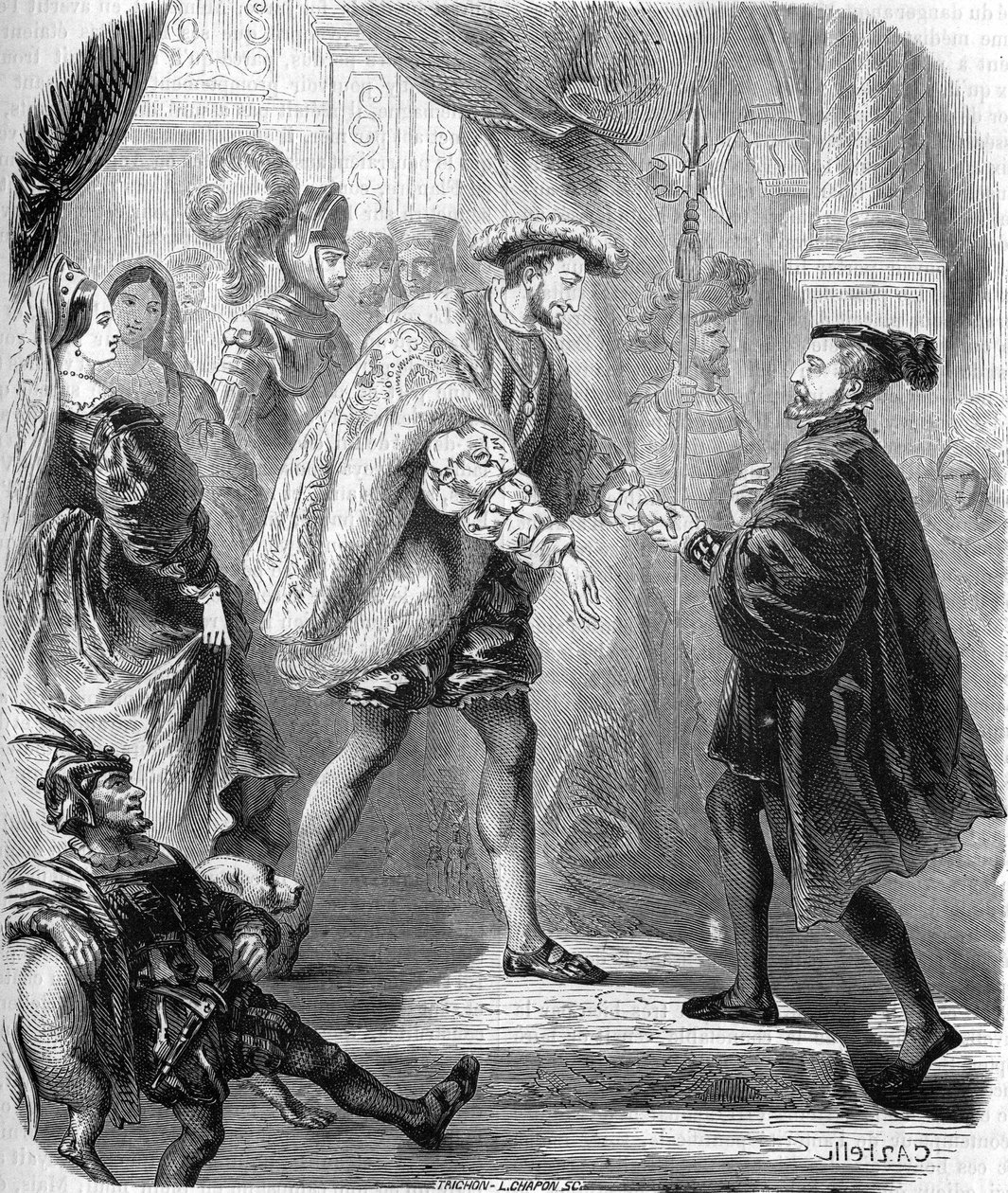 Francois I, król Francji (1494-1547) i Karol V (1500-1558) spotkali się w Chateau de Chatellerault w styczniu 1540. W „”Histoire populaire de la France””, bd. ok. 1885 r. Grawerowanie. autorstwa Unknown artist