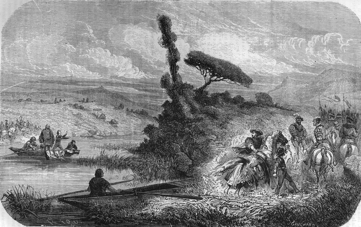 Francois 1. wymiana na zakładników jego dwóch synów na Bidassoa 17.03.1526. W „”Popularnej historii Francji””, bd. ok. 1885 r. Grawerowanie. autorstwa Unknown artist