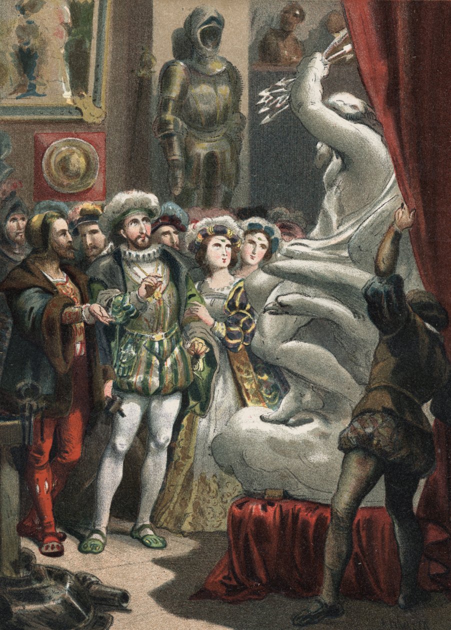 Francois I (1494-1547), król Francji, u włoskiego rzeźbiarza Benvenuto Celliniego (1500-1571) grawer z 1881 r. w „Kult piękna” autorstwa Juan Justo Huguet, redaktorzy Molinas Hermanos autorstwa Unknown artist