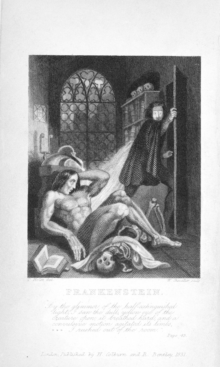 Frankenstein. W blasku na wpół zgaszonego światła zobaczyłem, jak stwór otwiera matowe, żółte oko: oddychało ciężko, a jego kończynami wstrząsały konwulsyjne ruchy. Wybiegłem z pokoju”. autorstwa Unknown artist