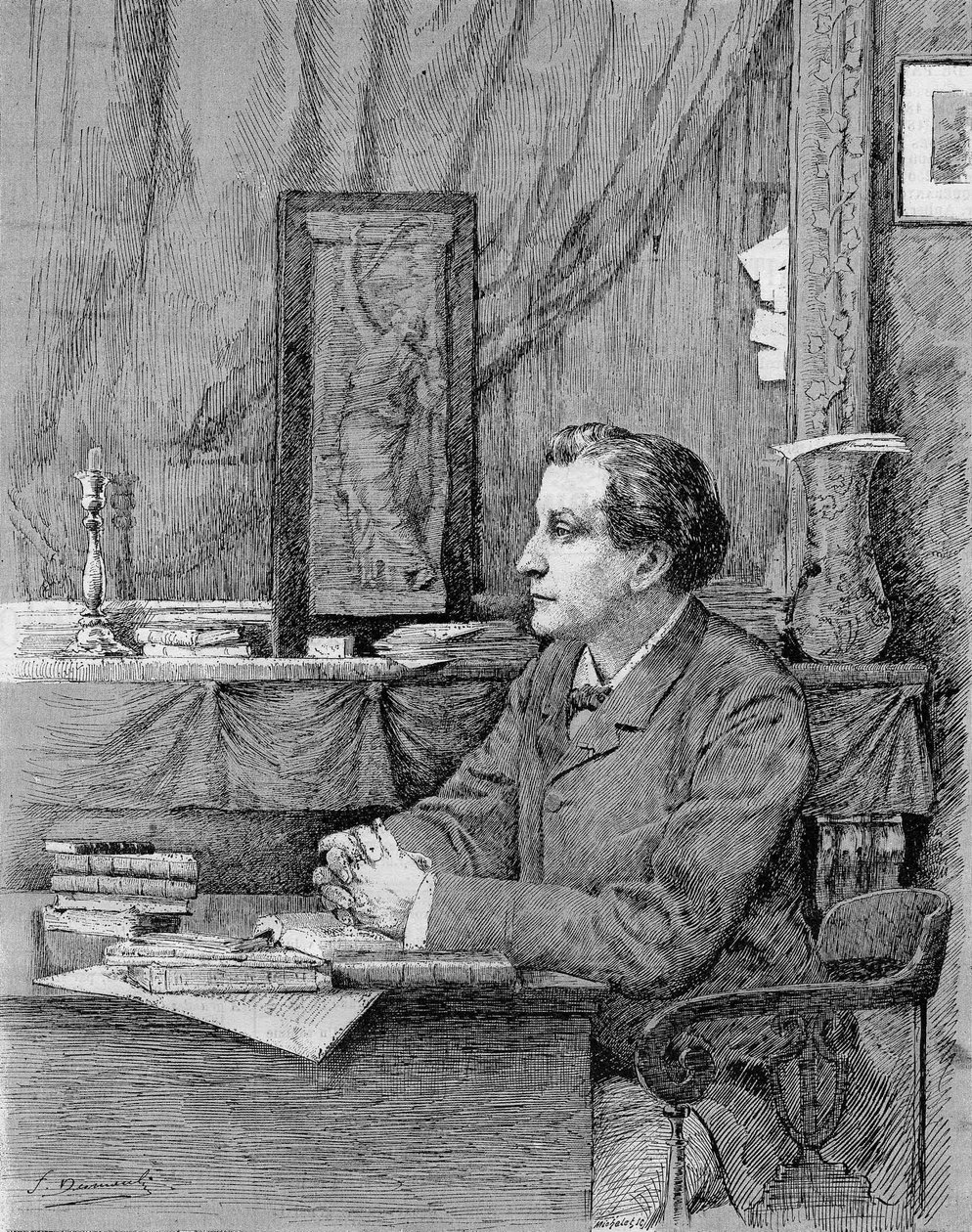 François Coppée (1842-1908), francuski poeta i dramaturg. Rysunek MF Desmoulins.1885. autorstwa Unknown artist