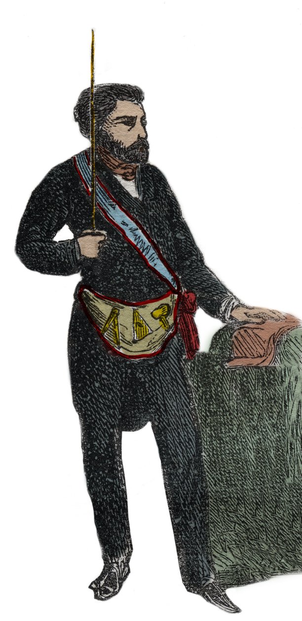 Masoneria - Kostium masona za przyjęcie do stopnia mistrza - Franc Maconnerie: Strój de franc macon (fartuch) Grawerowanie z 1879 r. w „Historii tajnych, politycznych i religijnych stowarzyszeń” Pierre