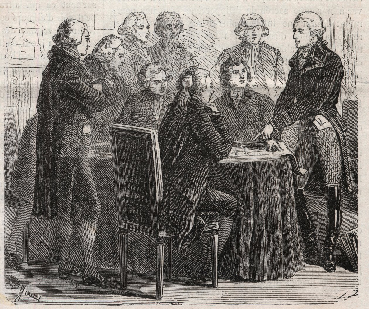 Rewolucja Francuska: Hrabia Louis Marie de Narbonne-Lara (Narbonne Lara) (1755-1813) pokazujący swoje plany w komisjach zgromadzenia - Grawerowanie w „”The Illustrous World”” autorstwa Unknown artist