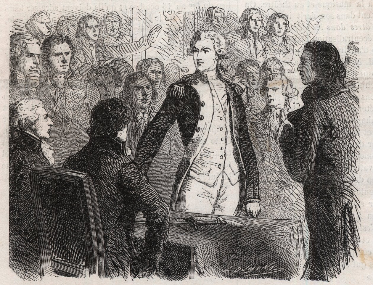 Rewolucja Francuska: Generał Gilbert du Motier de La Fayette (1757-1834) rezygnuje z dowództwa Gwardii Narodowej - Grawerowanie w „”Le Monde Illustré”” autorstwa Unknown artist