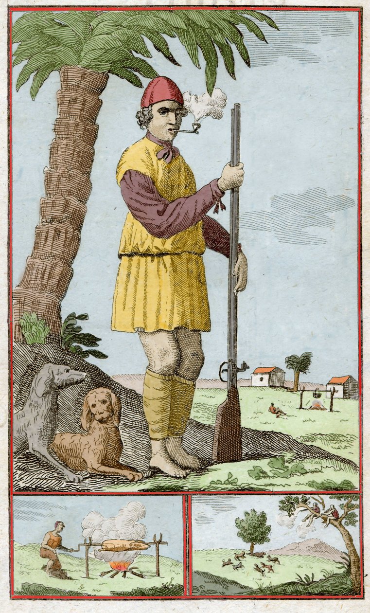 Francuski buccane z Santo Domingo (Haiti). Grawer w „History of the Adventurers Filibbusters and Buccaneers Reported in the Indias”” autorstwa Alexandre Olivier Exquemelin (1645-1710). autorstwa Unknown artist