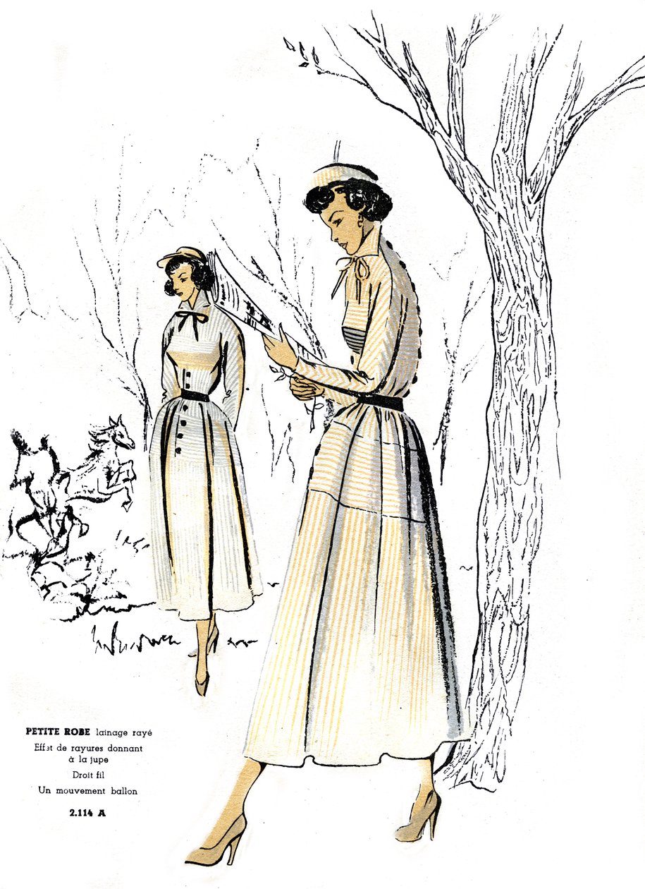 Francuska modna sukienka w drobne paski. autorstwa Unknown artist