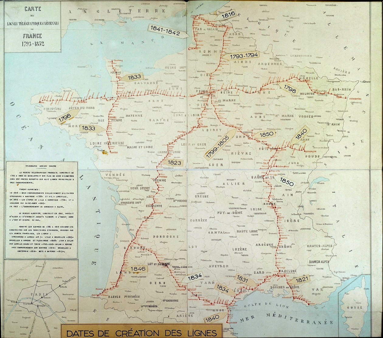 Francuska mapa geograficzna pokazująca lotnicze linie telegraficzne. Początek XIX wieku. Paryż, Musée de la Poste autorstwa Unknown artist