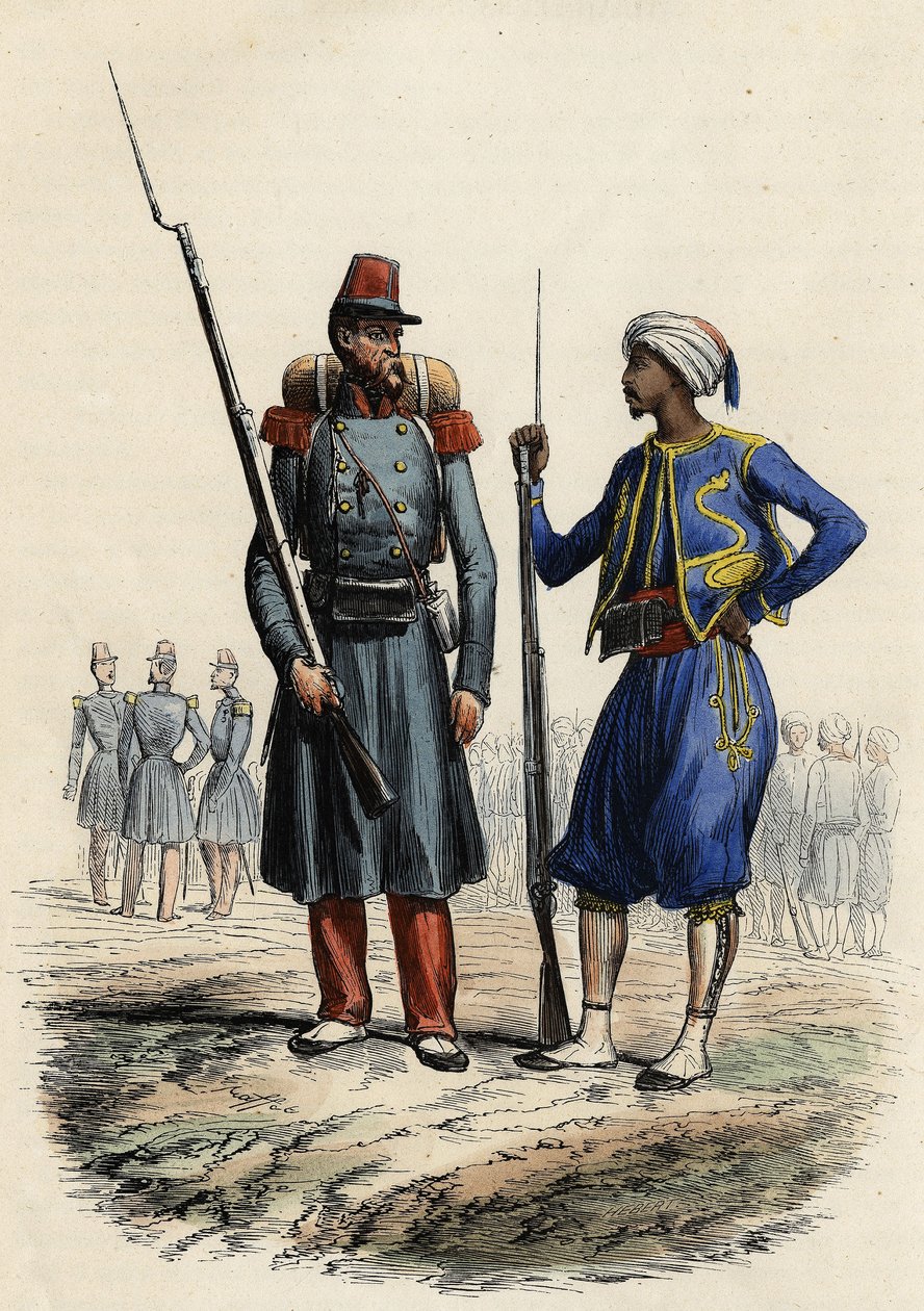 Francuski mundur wojskowy: po lewej utworzono legion obcych i wysłany do Algierii w 1831 r. Po prawej rdzenni jeźdźcy, przeszkoleni i wysłani do Algierii w 1841 r. W L