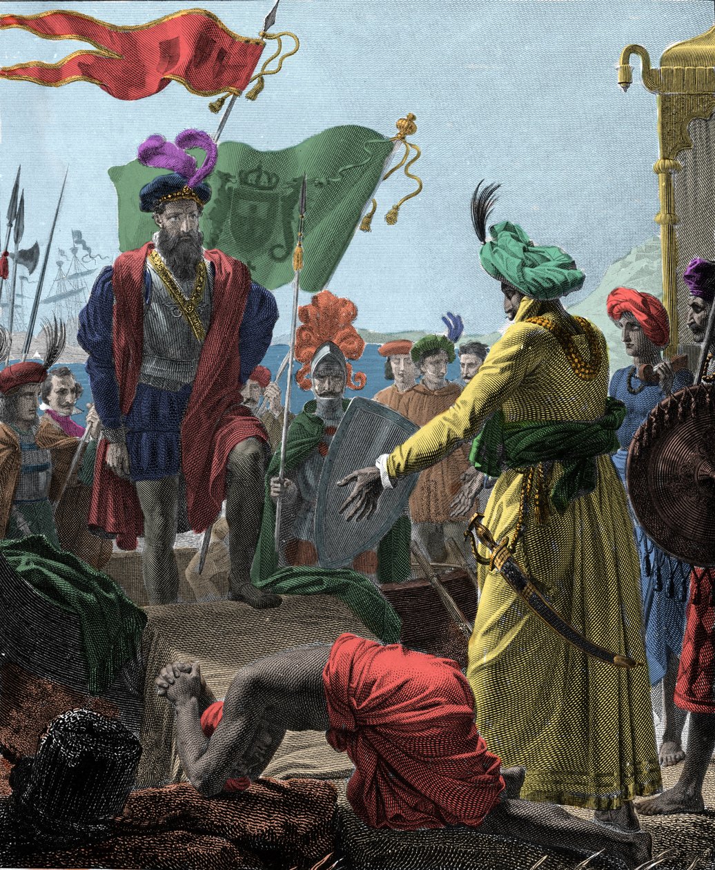 Od Vasco de Gamy (1469-1524, portugalski odkrywca) do Calicut (dzisiejsza Kozhikode) w Indiach w 1498. Grawerowanie 1817.. autorstwa Unknown artist