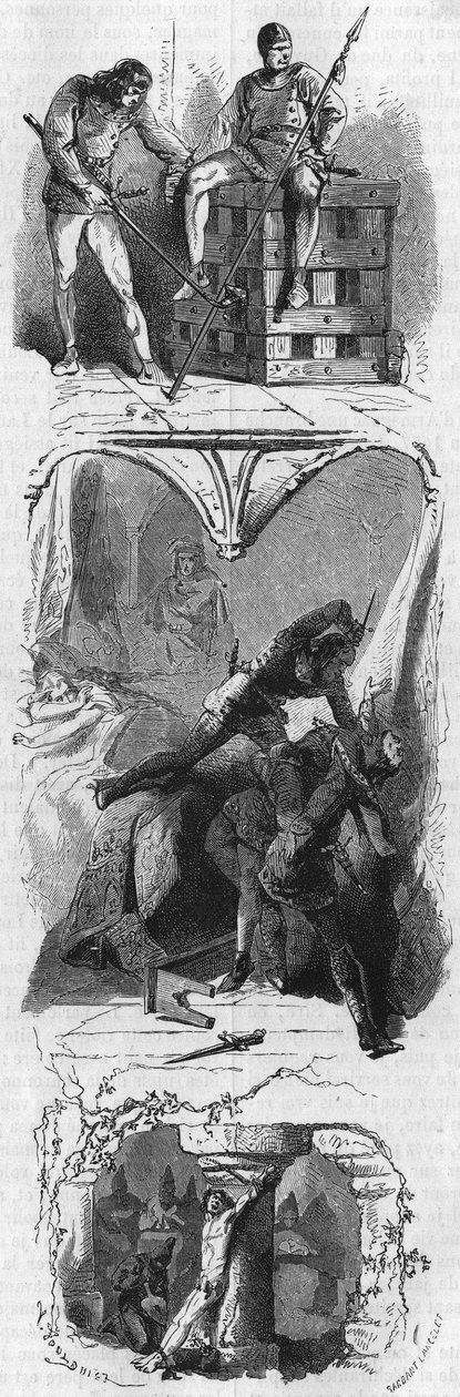 Od góry do dołu: Książę Alencon zamknięty w żelaznej klatce (1481), Hrabia Armaniaku bijący pod oczami swojej żony (1473) i tortury księcia Nemours (1477). Rycina XIX wieku. autorstwa Unknown artist