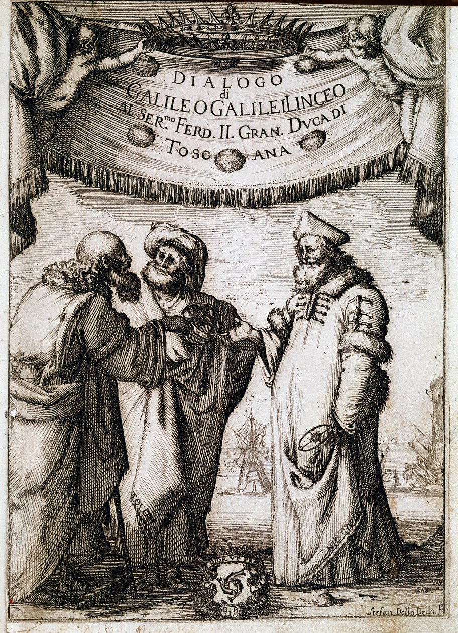 Frontyspicjum „”Dialogu o dwóch wielkich systemach świata”” (dialogo sopra i due massimi sistemi del mondo) na zlecenie papieża Urbana VIII astronomowi i fizykowi Galileo Galilei dit Galilee (1564-1642) około 1620 r. i opublikowane w 1632 r. . To autorstwa Unknown artist