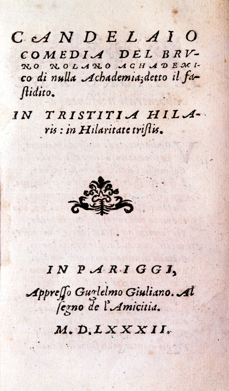 Frontispice of „”Il candelaio”” (Świecznik) autorstwa Giordano Bruno (1546-1600), włoskiego filozofa i teologa. 1582 autorstwa Unknown artist
