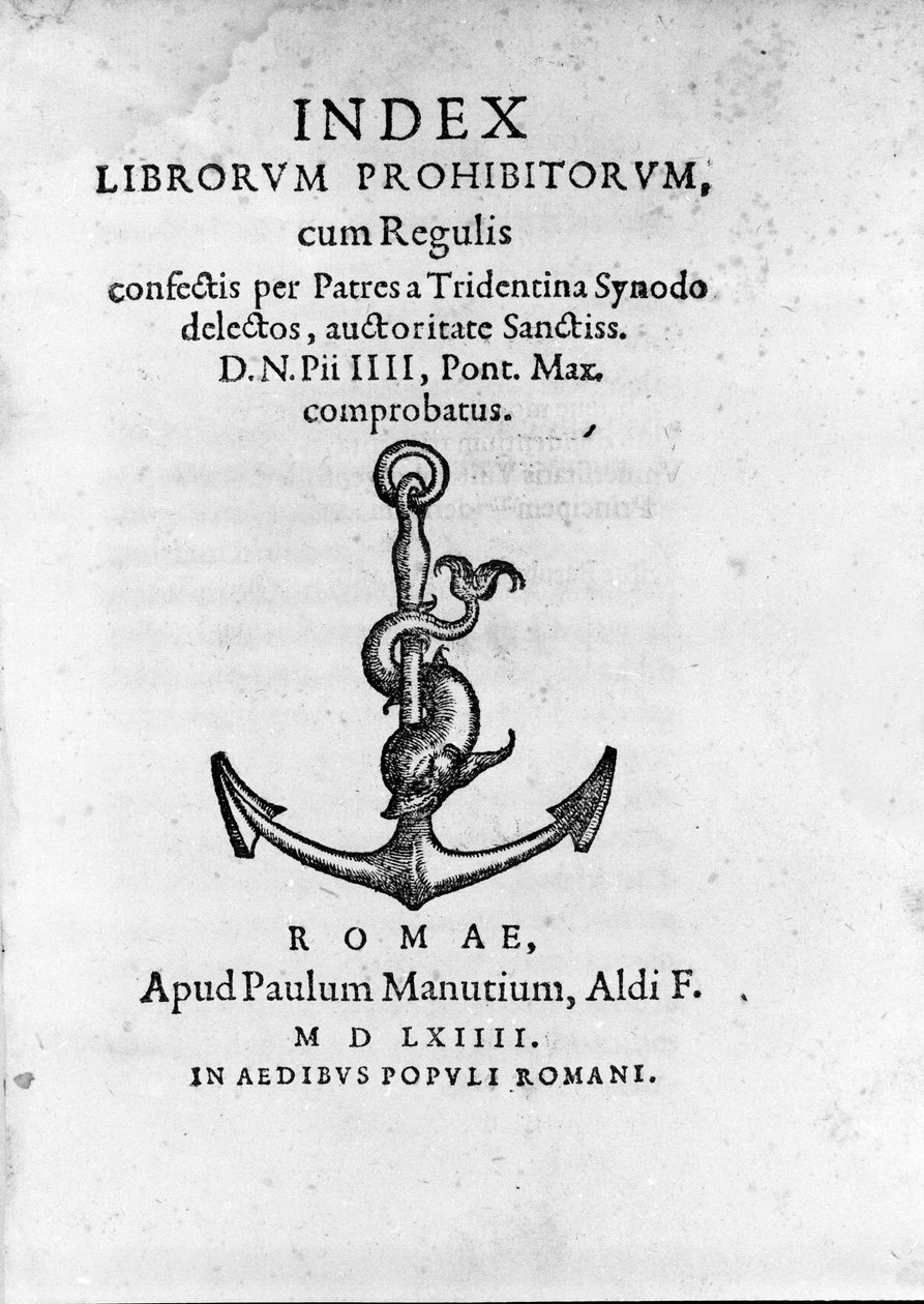 Frontispice of Index Librorum Prohibitorum (Indeks Ksiąg Zabronionych lub Index Exurgatorius) opublikowany w Rzymie w 1564 r. Wymienia on książki, których rzymskokatolicy nie mogli czytać. autorstwa Unknown artist