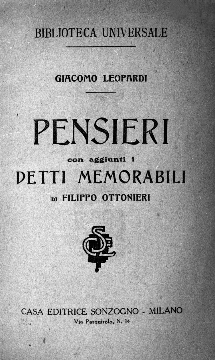 Frontispice „Pensieri” (Pensees) włoskiego poety Giacomo Leopardiego (1798 - 1837) XIX wiek autorstwa Unknown artist