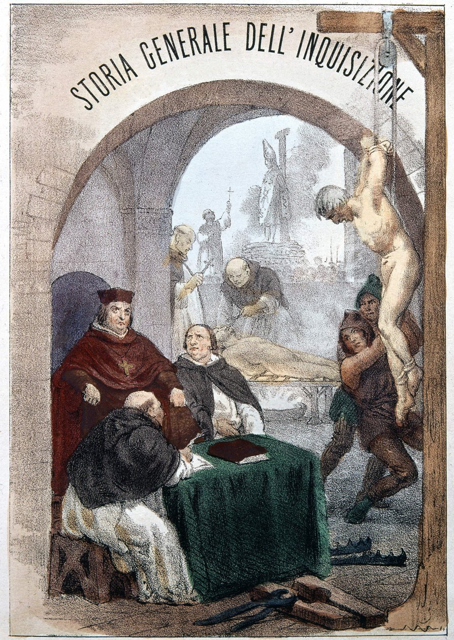 Frontyspicjum Historii Ogólnej Inkwizycji autorstwa Pietro Tamburiniego z ilustracją przedstawiającą sceny symbolicznej inkwizycji. Mediolan 1850. autorstwa Unknown artist