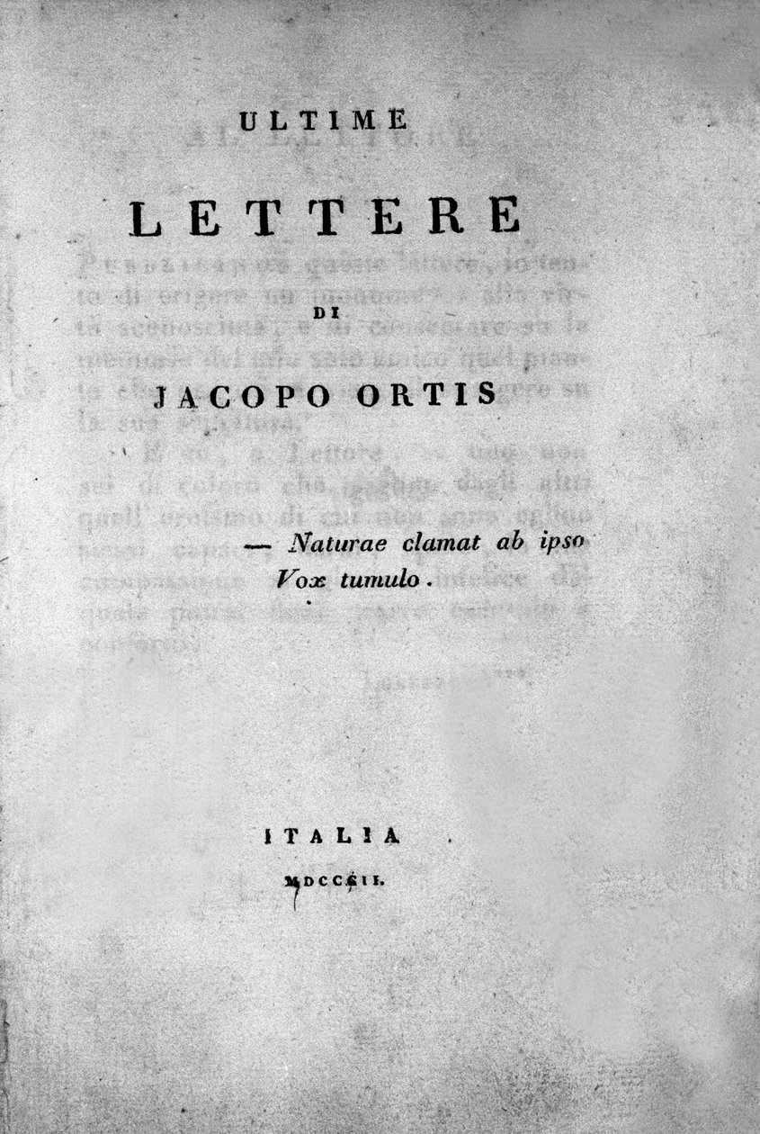 Frontyspicjum „Ostatnich listów Jacopo Ortisa” włoskiego poety i dramaturga Ugo Foscolo (1778-1827) 1802 autorstwa Unknown artist