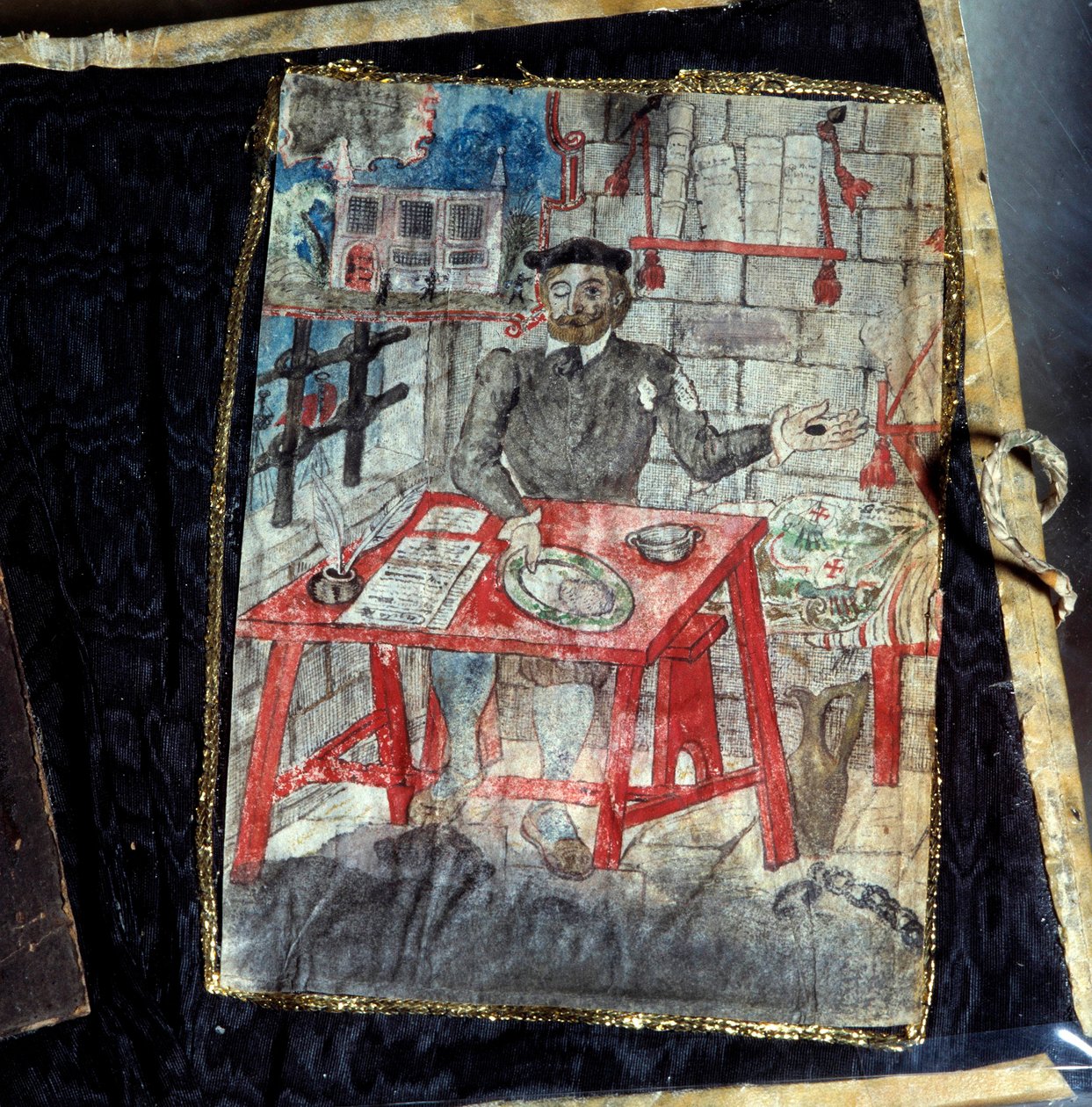 Frontyspicjum zbioru wierszy portugalskiego poety Luisa Vaz de Camoes, zwanego Camoans (1525-1580). Poeta jest tam więziony. Lizbona, Narodowe Muzeum Sztuki Starożytnej autorstwa Unknown artist
