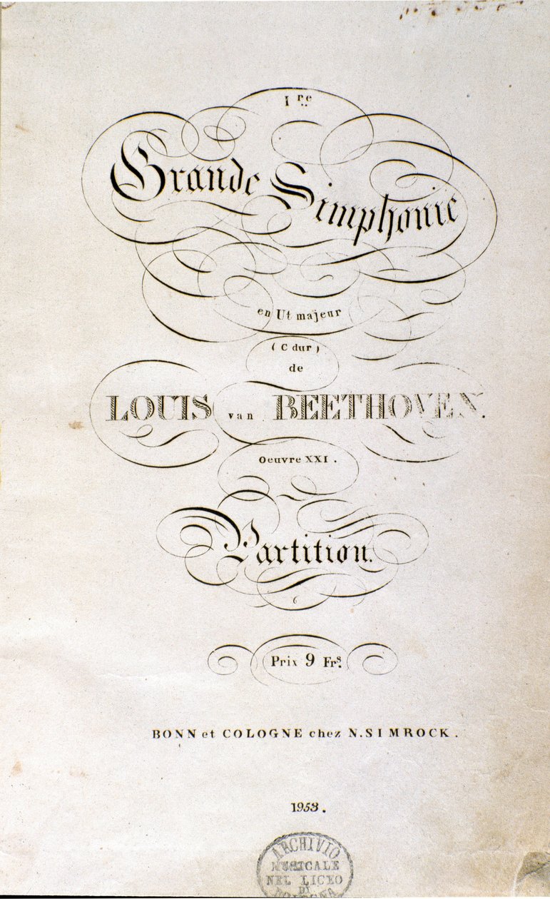 Frontyspicjum pierwszego niemieckiego wydania partytury Symfonii nr. 1 C-dur niemieckiego kompozytora Ludwiga van Beethovena (1770-1827) (1799-1800). Bonn autorstwa Unknown artist