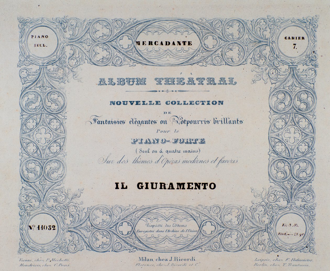 Frontyspicjum opery Il Giuramento Mercadante (1837) autorstwa Unknown artist