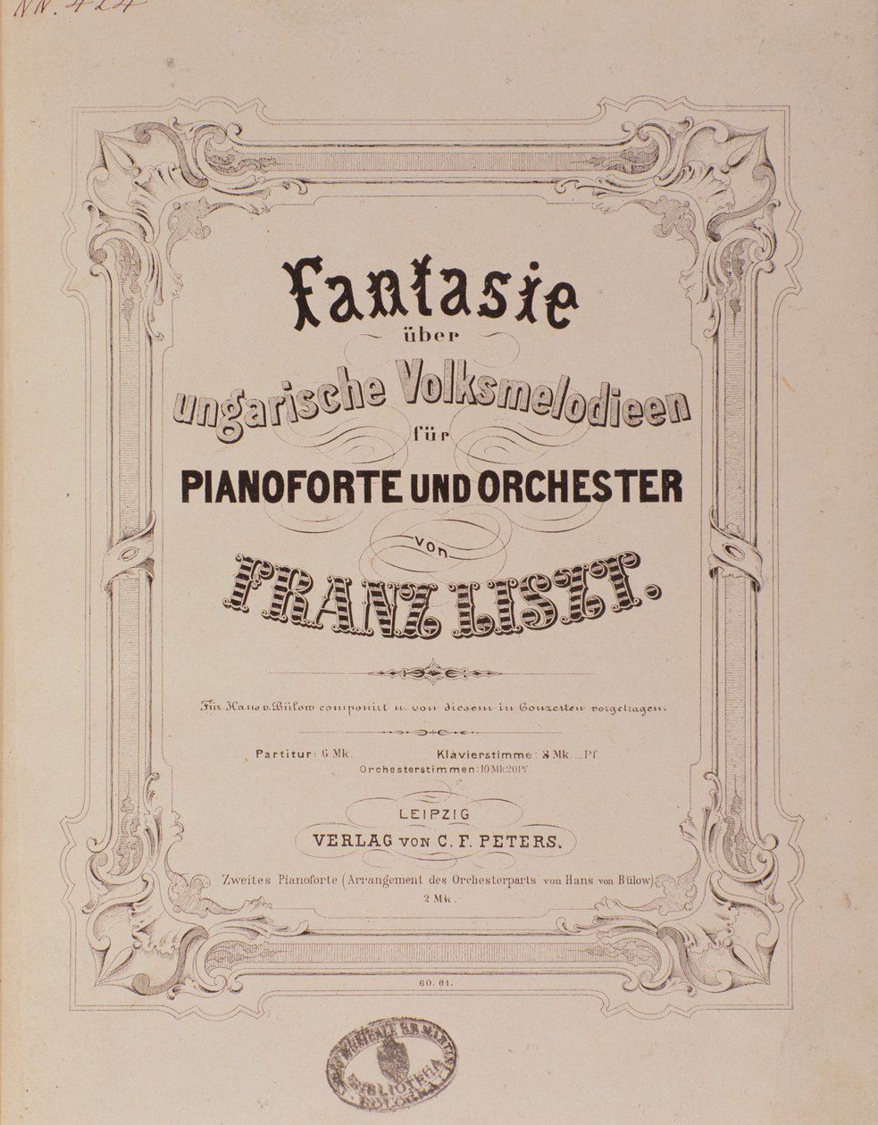 Frontyspis partytury „Fantazja na fortepian i orkiestrę” Franciszka Liszta (1811-1886) Bolonia XIX w., civico museo musicale autorstwa Unknown artist