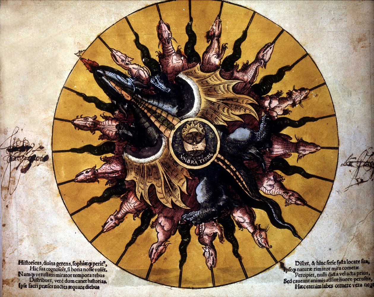 Frontyspicjum przedstawiające słońce - w Astronomicum Caesarium, traktacie astronomicznym dotyczącym teorii Ptolemeusza, autorstwa P. Apiano. autorstwa Unknown artist