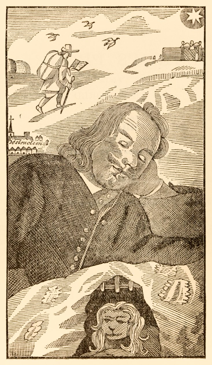 Frontyspis z książki Johna Bunyana (1628-1688) The Pilgrims Progress From This World, To That Co Ma Nadejść, ukazujący marzenie autora o pielgrzymującym chrześcijaninie obciążonym wiedzą o swoim grzechu autorstwa Unknown