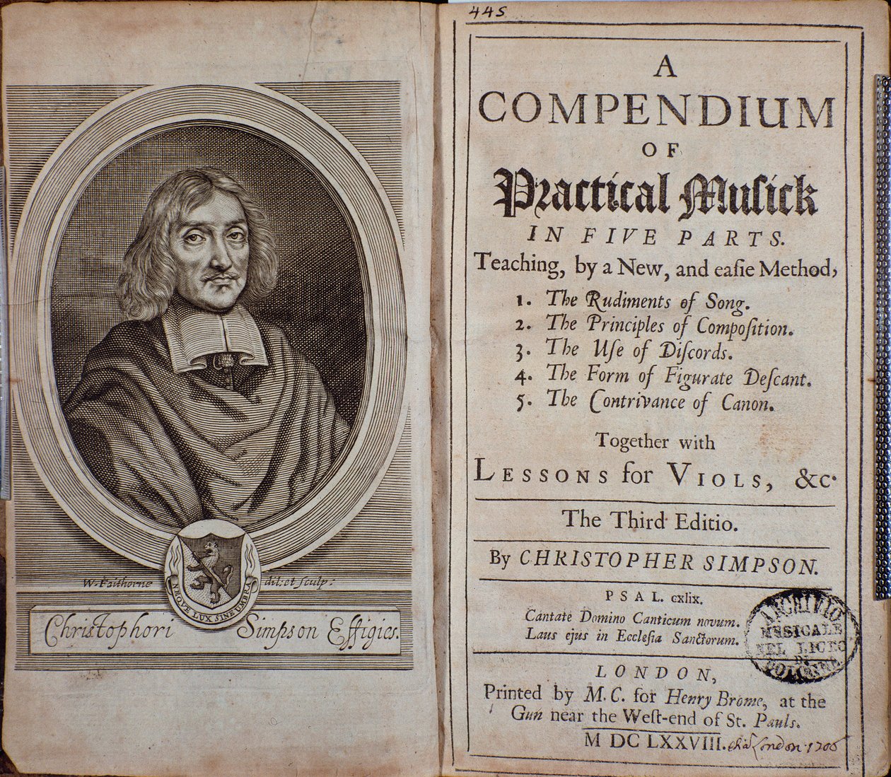 Frontyspis Kompendium muzyki praktycznej z portretem Christophera Simpsona autorstwa Unknown artist