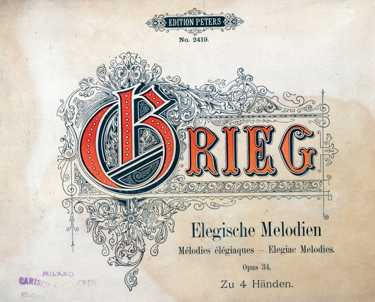 Frontyspis dwóch melodii elegijnych na cztery ręce autorstwa Edwarda Hagerupa Griega autorstwa Unknown artist