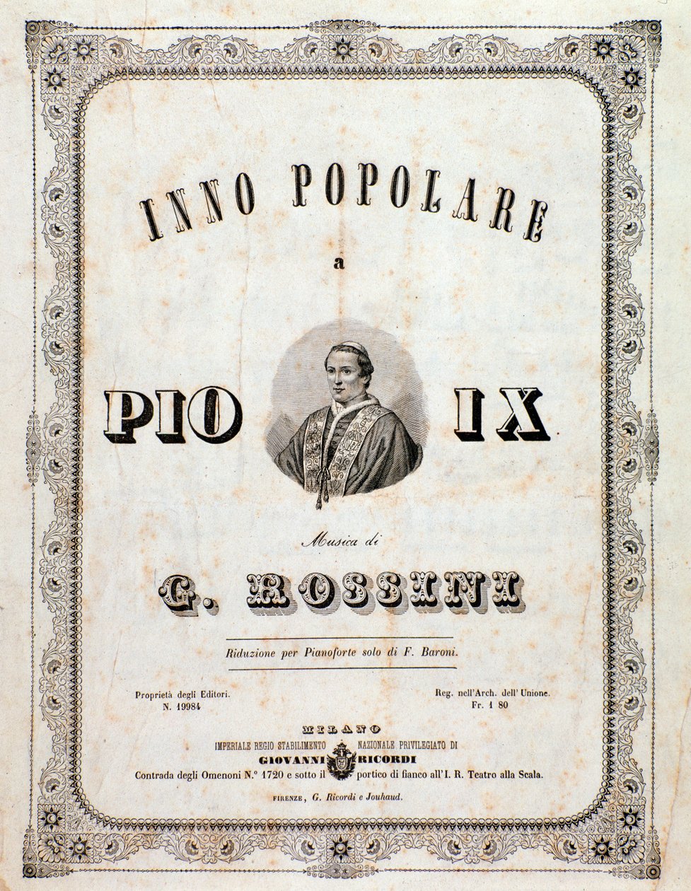 Frontyspis partytury Popularny hymn dla Piusa IX autorstwa Gioacchino Rossiniego autorstwa Unknown artist