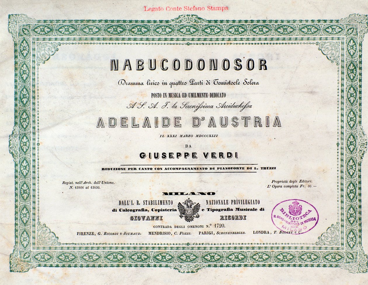 Frontyspis partytury muzycznej opery Nabucco Giuseppe Verdi autorstwa Unknown artist