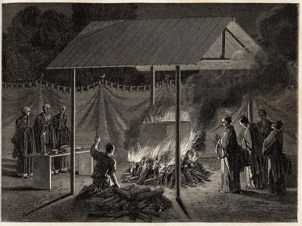Ceremonie pogrzebowe: rytualne spopielanie. Rycina ilustrująca podróż do Japonii w latach 1863-1864, autorstwa Aime Humberta, ministra Konfederacji Szwajcarskiej, w „Le tour du monde, nouveau journal des voyages”, wydanej pod kierunkiem Edouarda Chartona autorstwa Unknown artist