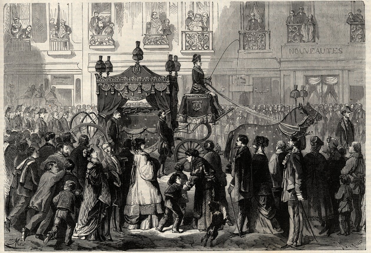Orszak żałobny podczas obseques Gioacchino (Gioachino) Rossiniego (1799-1868) w Paryżu. Grawer w „Prześwietnym Wszechświecie” autorstwa Unknown artist