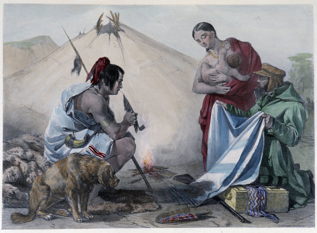 Wymiana futra na tkaninę między kanadyjskimi Indianami Huron a białym człowiekiem - w „Szkicach Shytha w Kanadzie” Coke Smyth, Londyn autorstwa Unknown artist