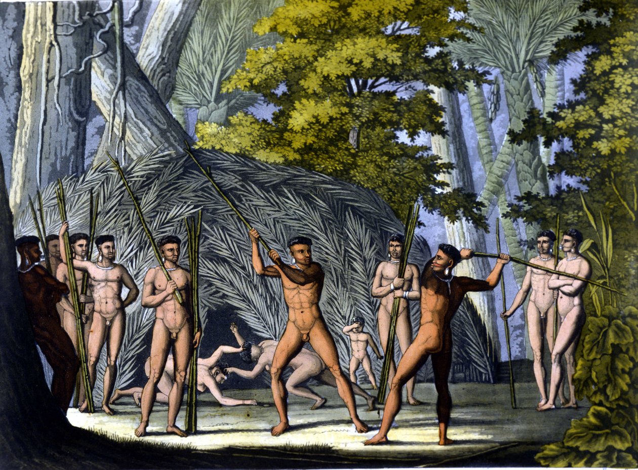 Futte między botocudo, Indianami z Brazylii - w „”Starożytnym i współczesnym stroju” Ferrario, wyd. Mediolan autorstwa Unknown artist