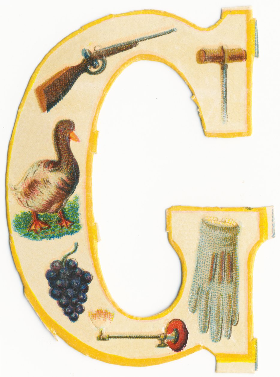 G: pistolet, świder, gęś, winogrono, lampa gazowa, rękawica (kolor lito) autorstwa Unknown artist