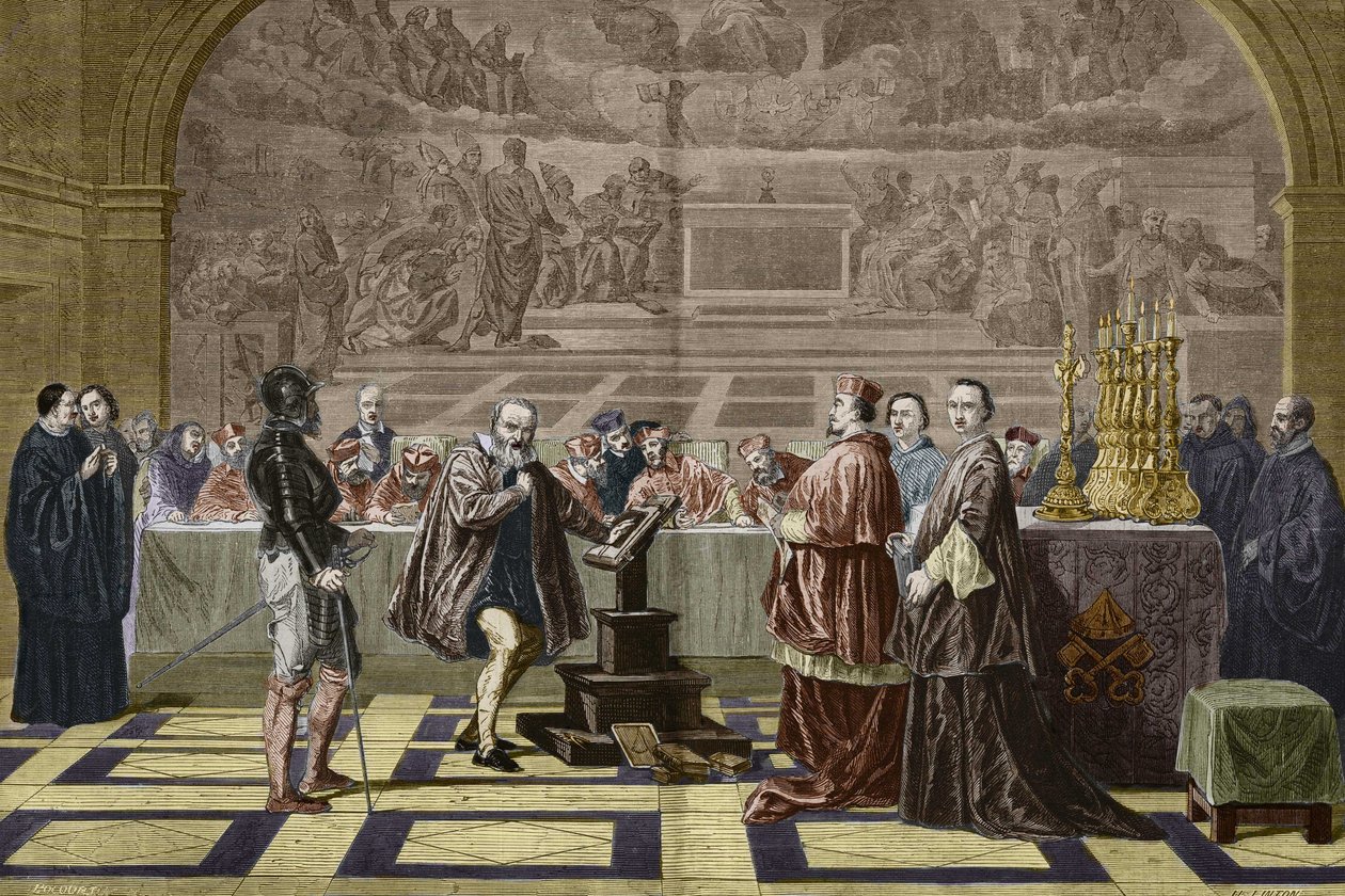 Galilea (Galileo Galilei) przed Inkwizycją Świętego Oficjum (Świętego Oficjum) w Watykanie (1632). Rycina wg obrazu Roberta-Fleury