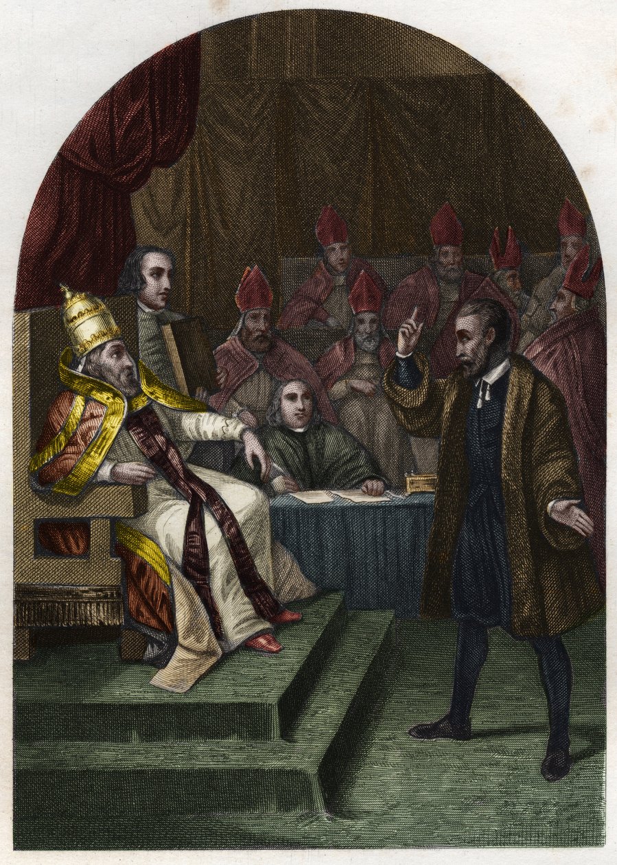 Galilea (lub Galileo Galilei (1564-1642) przed papieżem Urbanem VIII w 1633 r. (Urbano 8 Maffeo Barberini) Rycina z 1842 r. w „Histoire des Popes” Maurice