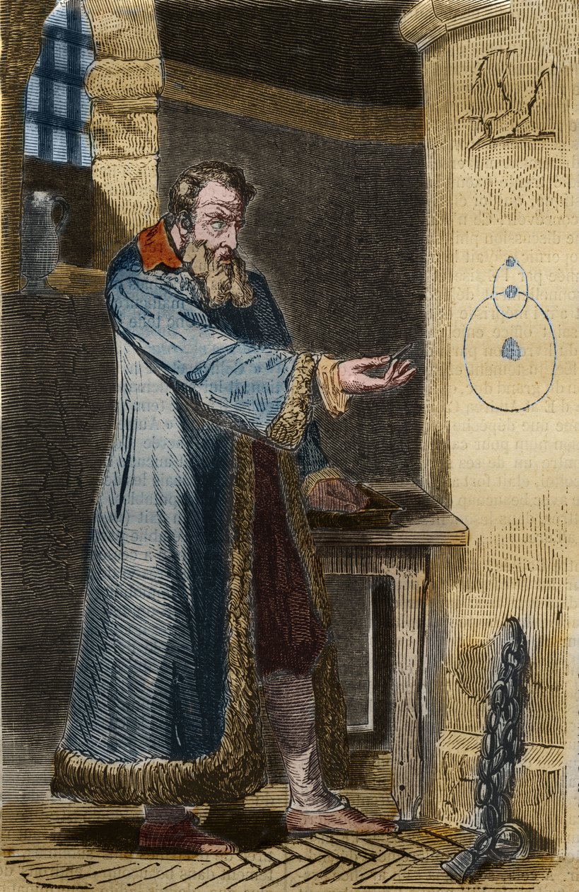 Galilea i Inkwizycja: „” E pure so muove! „” (A jednak się obraca). Włoski astronom Galileo Galilei (1564-1642) wypowiedział swoje słowa w 1633 roku w swoim więzieniu po tym, jak został zmuszony przed inkwizycją do zaprzeczenia swojej teorii, że Ziemia krę autorstwa Unknown artist
